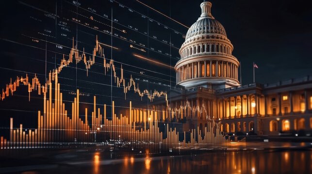 Capitol building with financial graph overlay. Concept of government influence on economy and stock market for business.