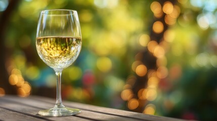 A glass of white wine on a wooden table outdoors with blurred lights. Concept of celebration, relaxation, and holiday season.