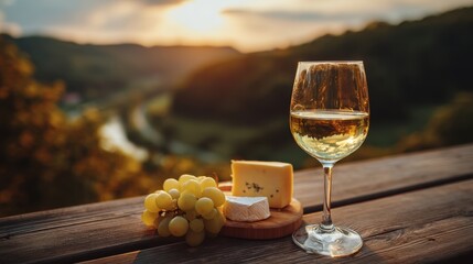 A glass of white wine with cheese and grapes on a wooden table outdoors with a mountain landscape at sunset. Dinner.