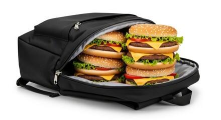 Backpack unzipped to reveal rows of stacked cheeseburgers with sesame seed buns, cheese, and pickles, blending humor with surreal food photography.