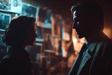 Obraz premium Detectives discussing a case in a dark room