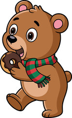 Cartoon bear walking with chocolate donut, red and green striped scarf, happy expression, wide eyes, slight smile, eating pose, cheerful animal character