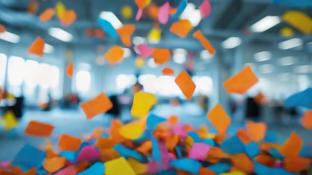 Colorful sticky notes floating in midair inside bright modern office space with blurred background creating vibrant dynamic atmosphere

