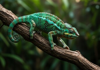 Vibrant Green Chameleon on Dark Branch in Lush Forest