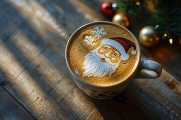Top View of Latte Coffee with Santa Claus Latte Art on Foam, Festive Christmas Theme