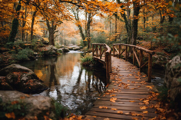 A rustic wooden bridge over a stream in autumn woods with falling leaves.
