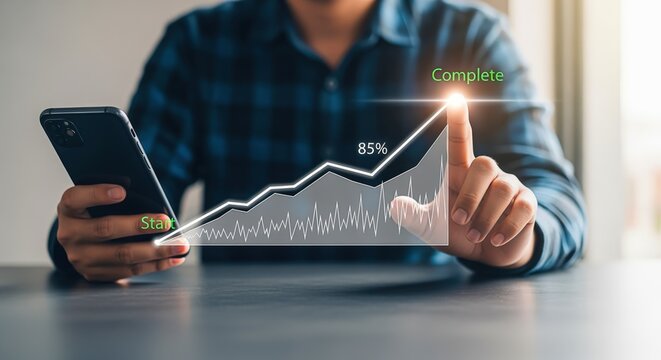 Growth Visualization: Man Interacting with Augmented Reality Graph on Mobile Device, Displaying Business Progress