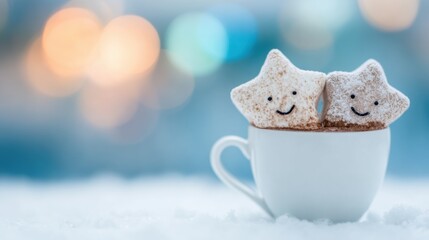 Festive star-shaped treats in a cozy cup surrounded by winter wonderland