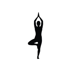 Fototapeta premium Silhouette of a person in a yoga tree pose, standing on one leg with arms raised overhead, isolated on white background