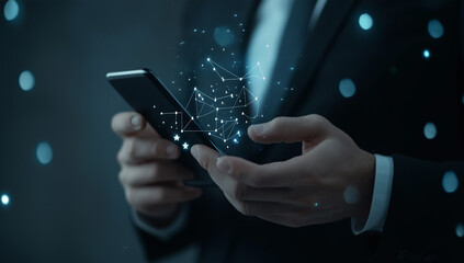 Businessman using smartphone with futuristic digital communication network and glowing data connections in dark background