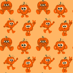 Fototapeta premium Seamless Pattern of Cute Cartoon Pumpkins with Faces and Limbs