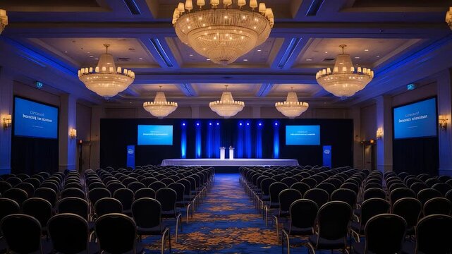 Luxurious conference hall with elegant chandeliers, blue stage lighting, multiple screens, and rows of chairs arranged for formal presentation
