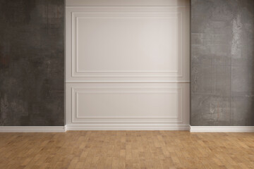 Classic interior with blank wall, panel, moldings. 3d render illustration mock up.