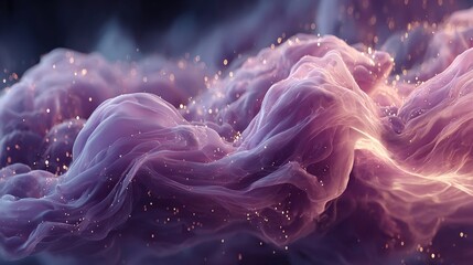 Abstract swirling shapes of lavender and mauve hues, interspersed with golden particles, against a dark background