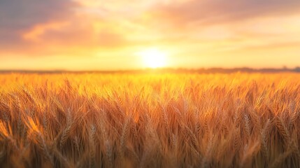 Obraz premium Golden Wheat Field at Sunset with Bright Light and Warm Glow