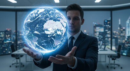 Global Business Man Holding a Digital Earth Hologram in Modern Office