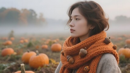A person wearing an orange scarf stands amidst a misty pumpkin field in autumn.
