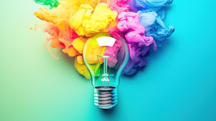 A light bulb with colorful smoke emerging from it on a blue background. The concept of creativity and innovation is highlighted.