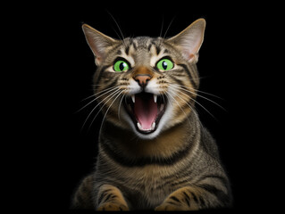 Fototapeta premium A mysterious tabby cat with glowing green eyes and stripes in the dark