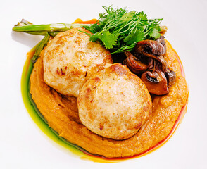 Delicious gourmet dish featuring mashed vegetables and perfectly cooked chicken meatballs 