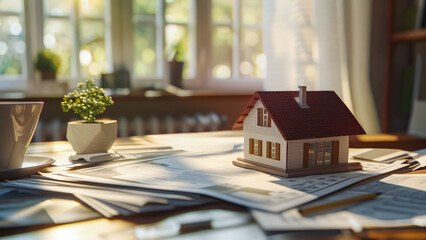 Real estate contract with house model and architectural plans