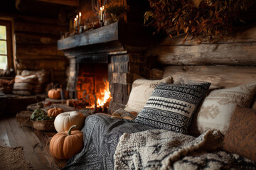 A wooden cabin with fireplace, knitted blankets, and pumpkin decorations.