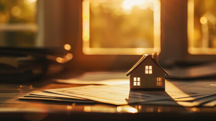 Real estate contract with house model and architectural plans