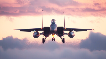 Naklejka premium A fighter jet in flight against a dramatic sky with clouds and a sunset.