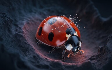 Fototapeta premium Ladybug's Vibrant World: A close-up of a ladybug with red and black markings, elegantly poised, presenting a symphony of color and detail. The ladybug on textured dark surface.