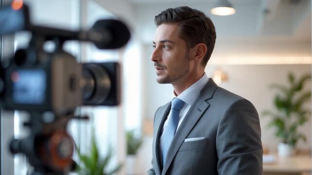  Professional businessman in formal grey suit speaking in front of camera during corporate video recording in modern office environment