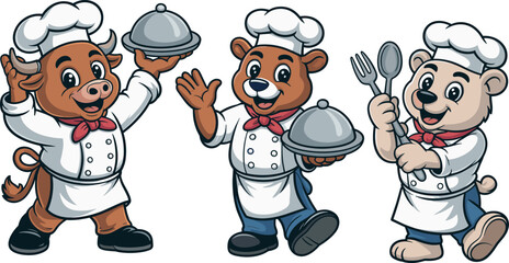 Cartoon chef animals, bull, bear, polar bear, white hats, red neckerchiefs, serving dishes, fork and spoon, cheerful kitchen characters