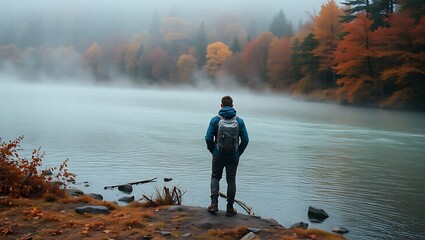 A man with a backpack stands at the edge of a lake in the fog surrounded by autumn colored trees