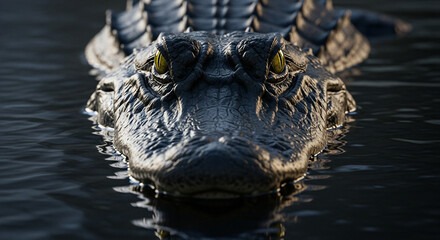  Close-up of an adult alligator’s head and upper body above dark murky water, fierce yellow eyes and rough dark skin texture, dramatic lighting and predatory gaze