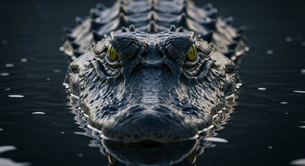  Close-up of an adult alligator’s head and upper body above dark murky water, fierce yellow eyes and rough dark skin texture, dramatic lighting and predatory gaze