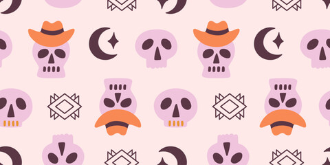 Halloween Cowboy Skull Western Seamless Pattern