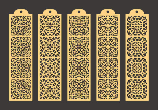 Set of five ornate golden lasercut bookmarks featuring intricate geometric patterns and a hanging hole at the top vector
