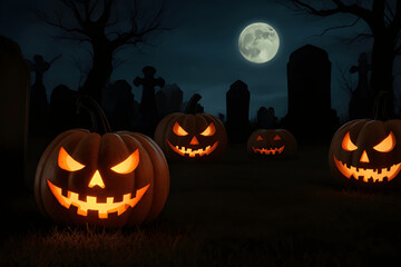Fototapeta premium Jack O' Lanterns In Graveyard In The Spooky Night - Halloween Backdrop