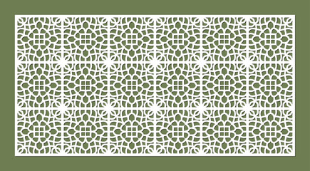 Intricate geometric pattern laser cut screen panel with repeating floral motifs and square elements, white on green background vector
