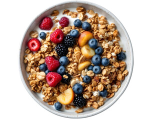 Close up white granola bowl cooked full of nuts, grain and mix berries fruit and milk premium homemade dish