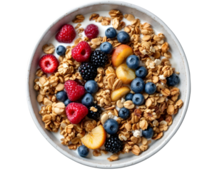 Close up white granola bowl cooked full of nuts, grain and mix berries fruit and milk premium homemade dish
