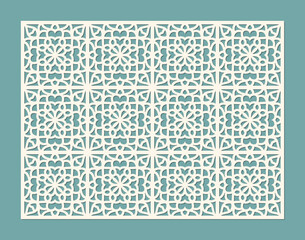Intricate white geometric pattern with floral motifs, a decorative lasercut screen design, isolated on a teal background vector