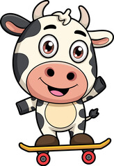 Cartoon cow skateboarding, smiling animal character, black and white cow, yellow skateboard, red wheels, playful pose, expressive eyes, waving hand
