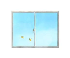 窓とイチョウと外の水彩画