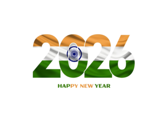 A colorful 2026 text with a Happy New Year made by indian flag against a plain 