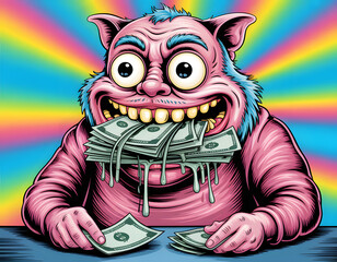 Whimsical cartoon creature joyfully holding stacks of cash in a vibrant