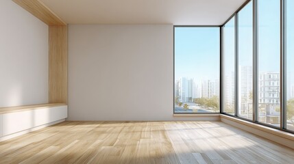 Bright Empty Room with Large Windows and Wooden Floor, Interior Design Mockup