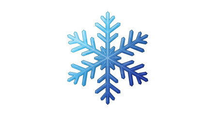A detailed icy blue snowflake with symmetrical angular edges set against a stark white background