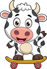 Cartoon cow with black spots, large eyes, pink snout, beige horns, white hair tuft, pink inner ears, black tail tuft, standing on yellow skateboard with red wheels, waving