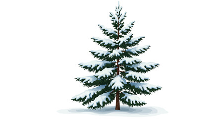 A snowcovered evergreen tree with a brown trunk The tree is centered on a white background with a shadow
