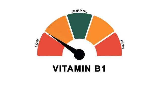 Animated vitamin B1 level meter decreasing from normal to low level, for to vitamin B1 deficiency, nutrition and energy metabolism